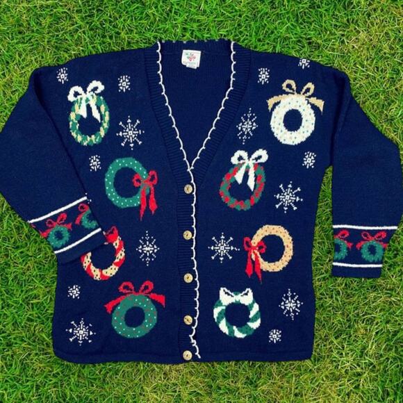 Vintage Grandma Christmas Wreath Sweater Cardigan Nutcracker Large 90's - Picture 1 of 7